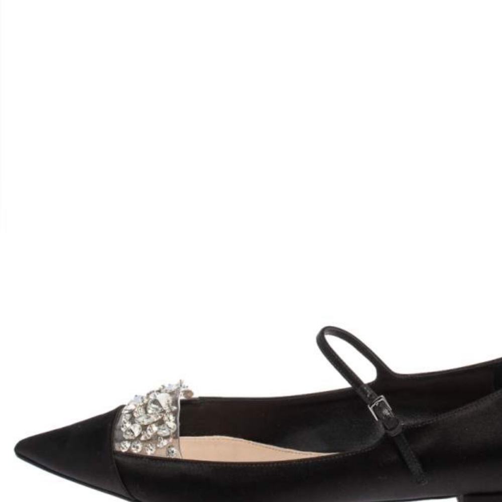 Miu Miu Black Satin Crystal Embellished Ankle Strap Pointed Toe Ballet Flats 40 - Picture 3 of 16